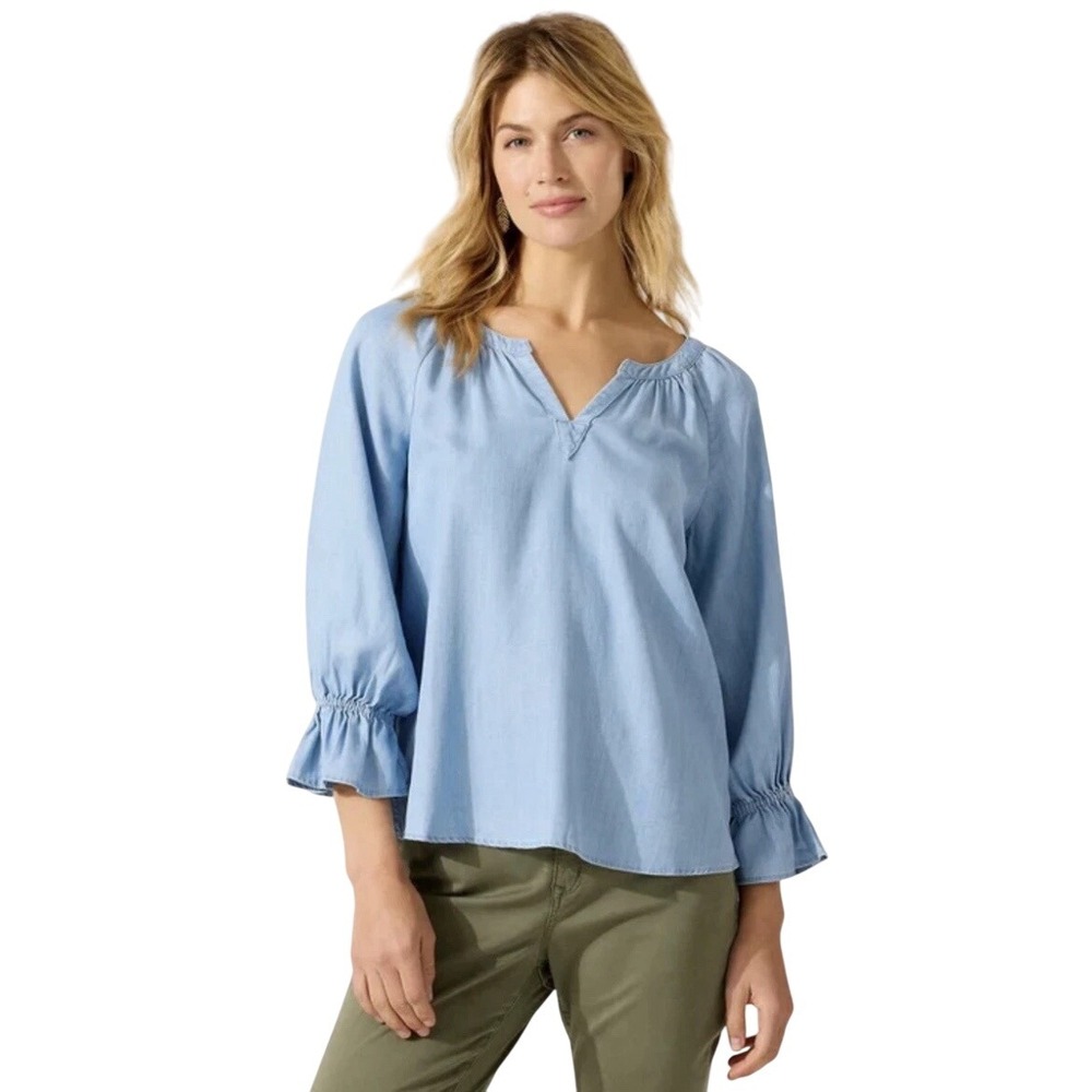 Tommy Bahama Montauk Chambray Tencel Split-Neck Blouse Women's L Boho‎ Blue